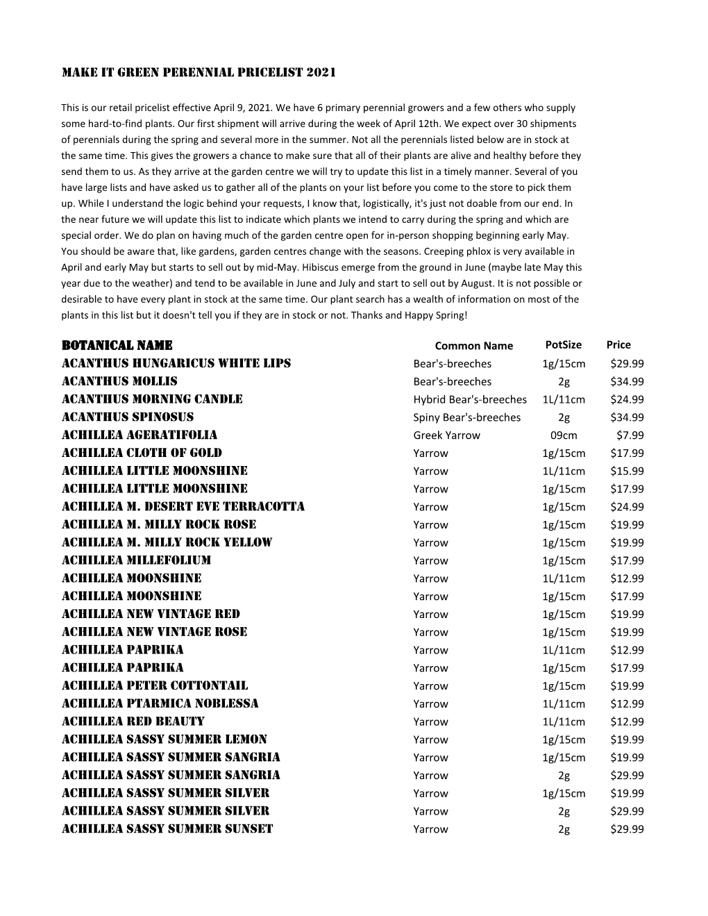 Make It Green Perennial Pricelist 2021 Botanical Name Acanthus