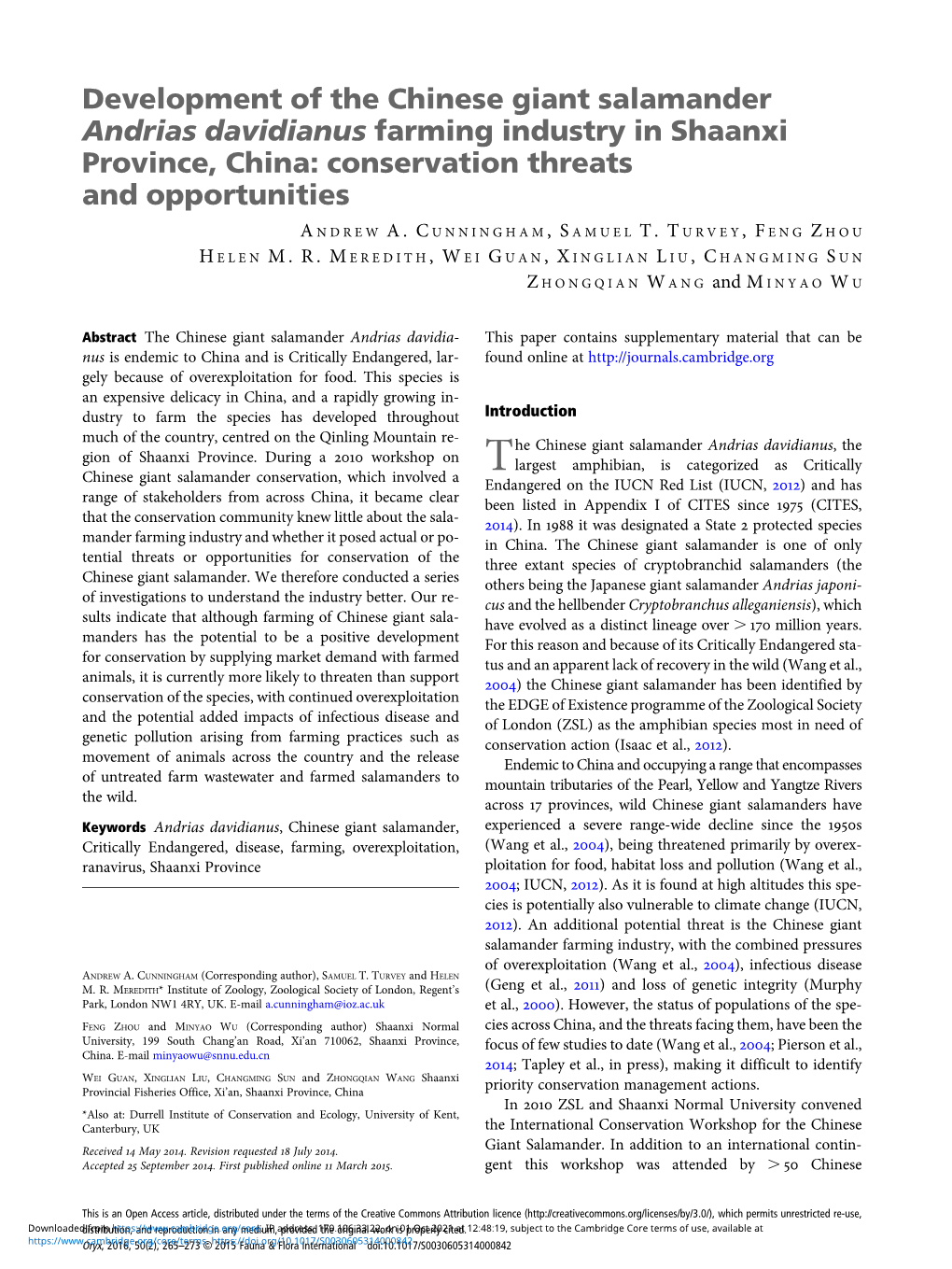 Development of the Chinese Giant Salamander Andrias Davidianus Farming Industry in Shaanxi Province, China: Conservation Threats and Opportunities