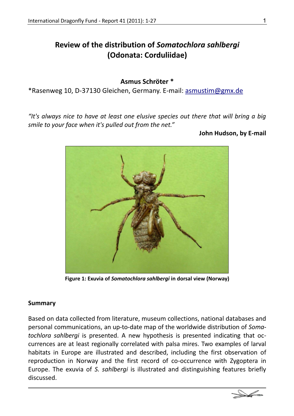 Review of the Distribution of Somatochlora Sahlbergi (Odonata: Corduliidae)