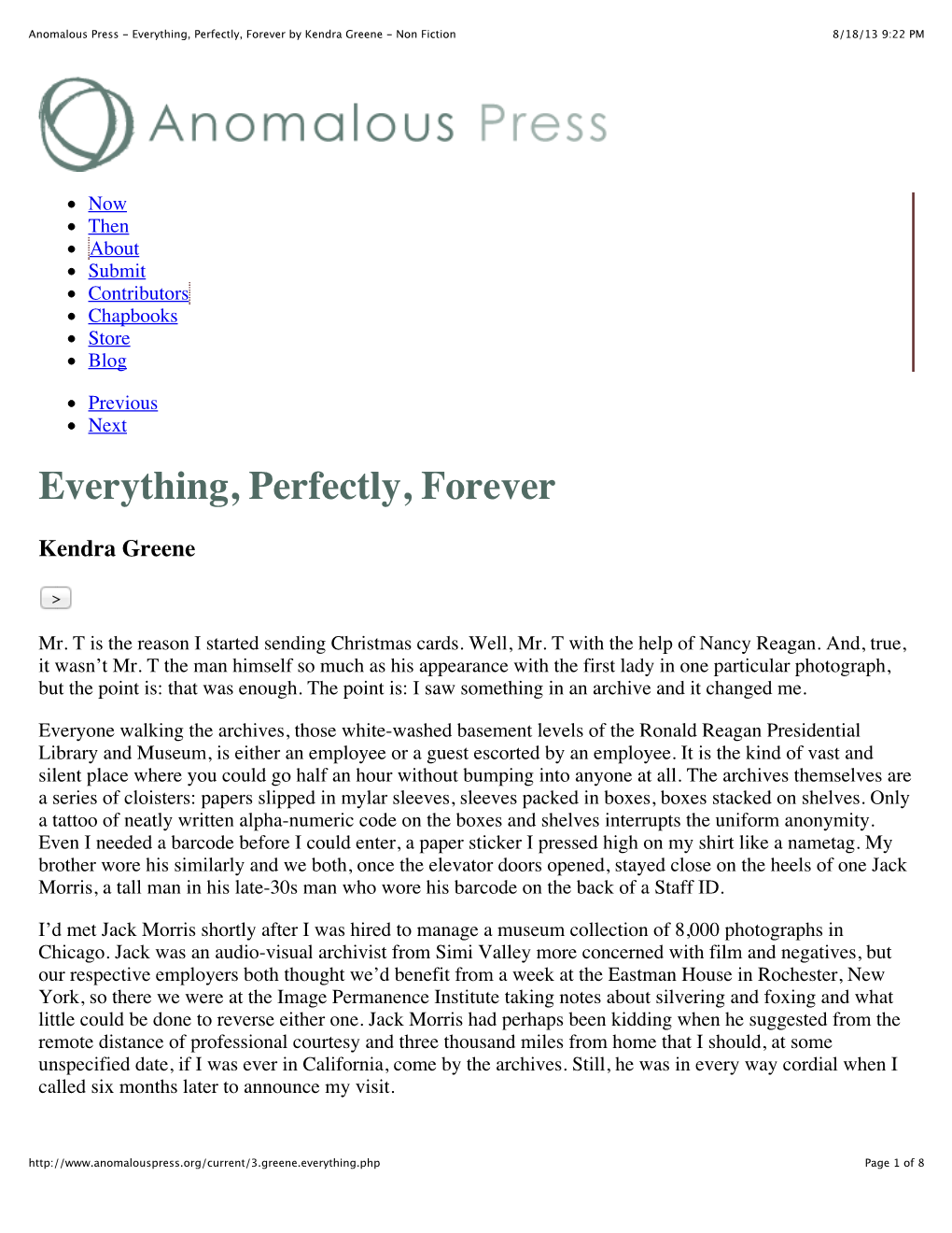 Anomalous Press - Everything, Perfectly, Forever by Kendra Greene - Non Fiction 8/18/13 9:22 PM