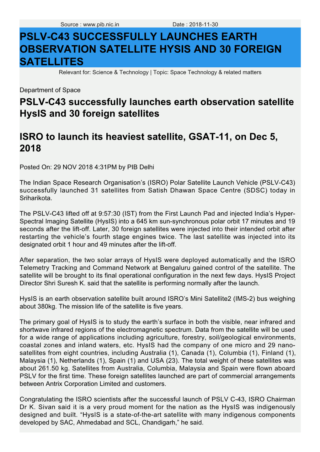 PSLV-C43 Successfully Launches Earth Observation Satellite Hysis and 30 Foreign Satellites