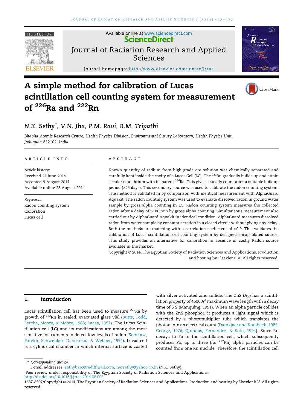 A Simple Method for Calibration of Lucas Scintillation Cell Counting System for Measurement of 226Ra and 222Rn