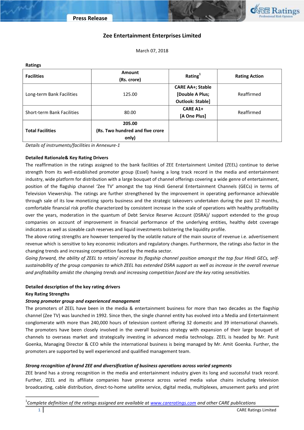 Press Release Zee Entertainment Enterprises Limited