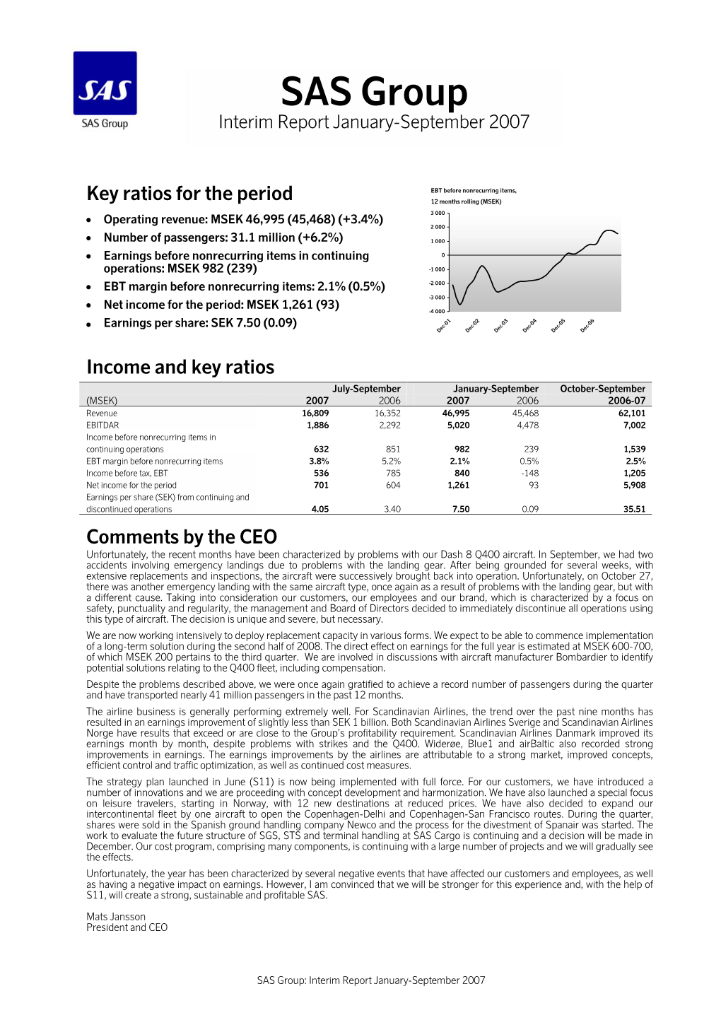 SAS Group Interim Report January-September 2007