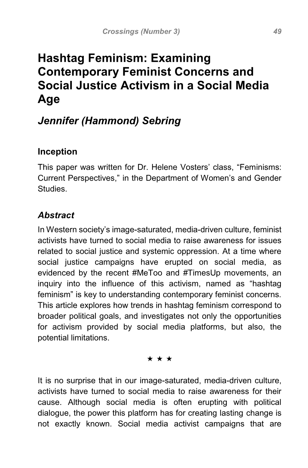 Hashtag Feminism: Examining Contemporary Feminist Concerns and Social Justice Activism in a Social Media Age