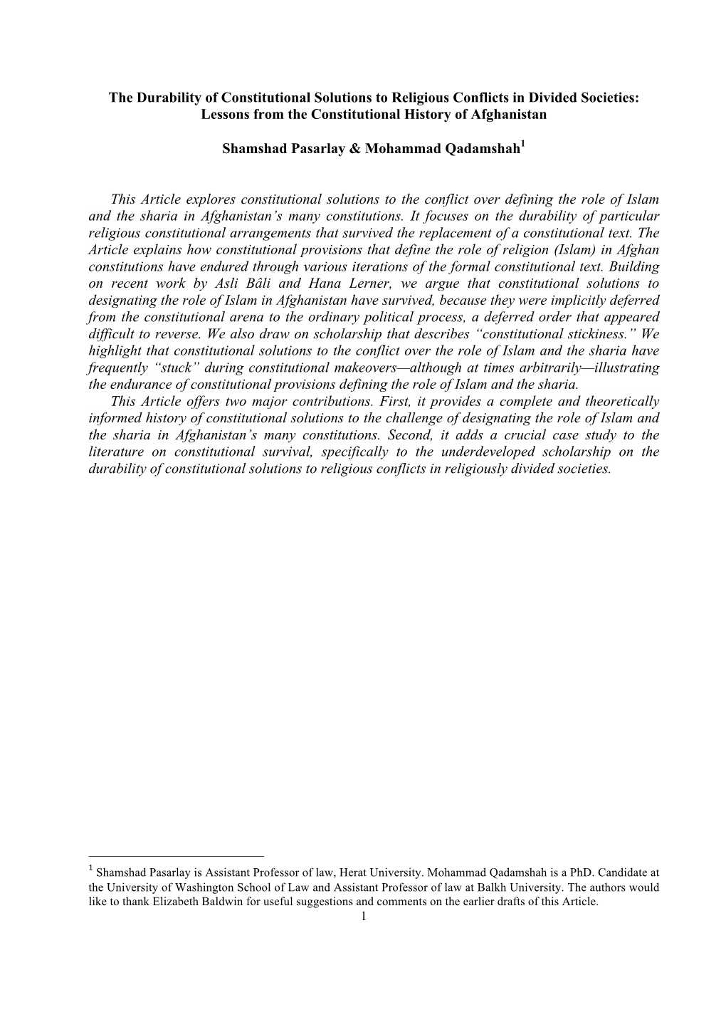 The Durability of Constitutional Solutions to Religious Conflicts in Divided Societies: Lessons from the Constitutional History of Afghanistan