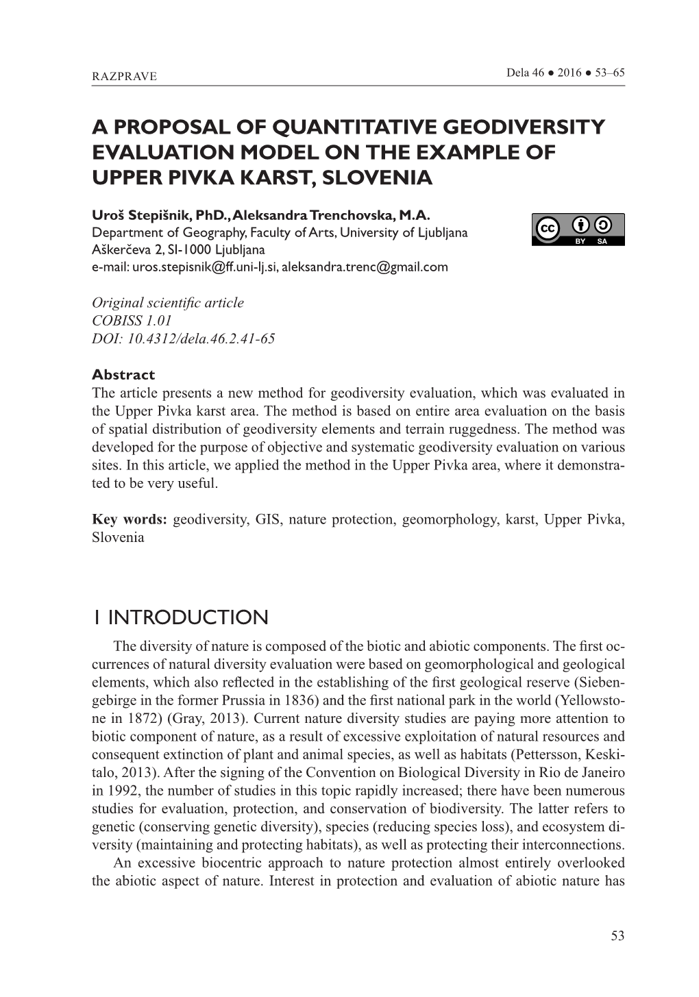 A Proposal of Quantitative Geodiversity Evaluation Model on the Example of Upper Pivka Karst, Slovenia