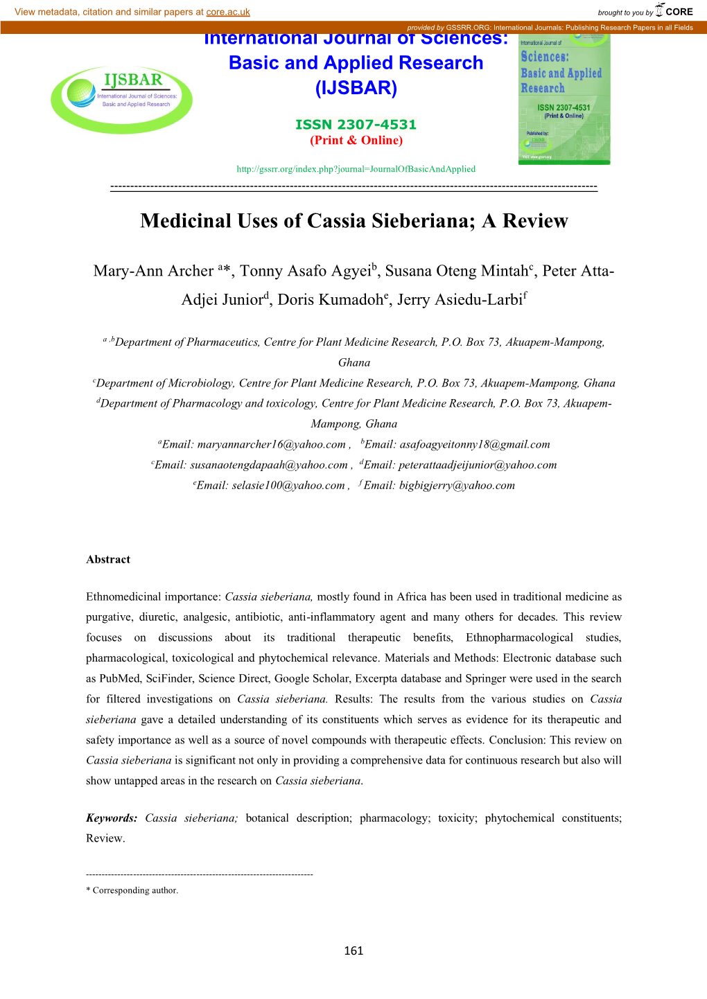 Medicinal Uses of Cassia Sieberiana; a Review