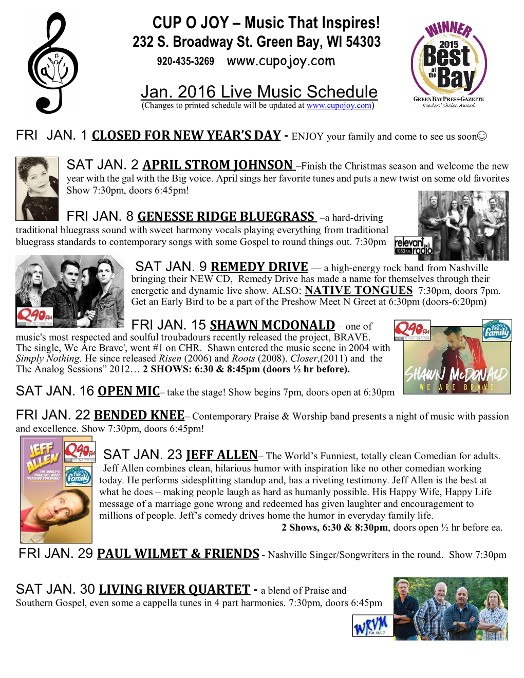 Music That Inspires! Jan. 2016 Live Music Schedule