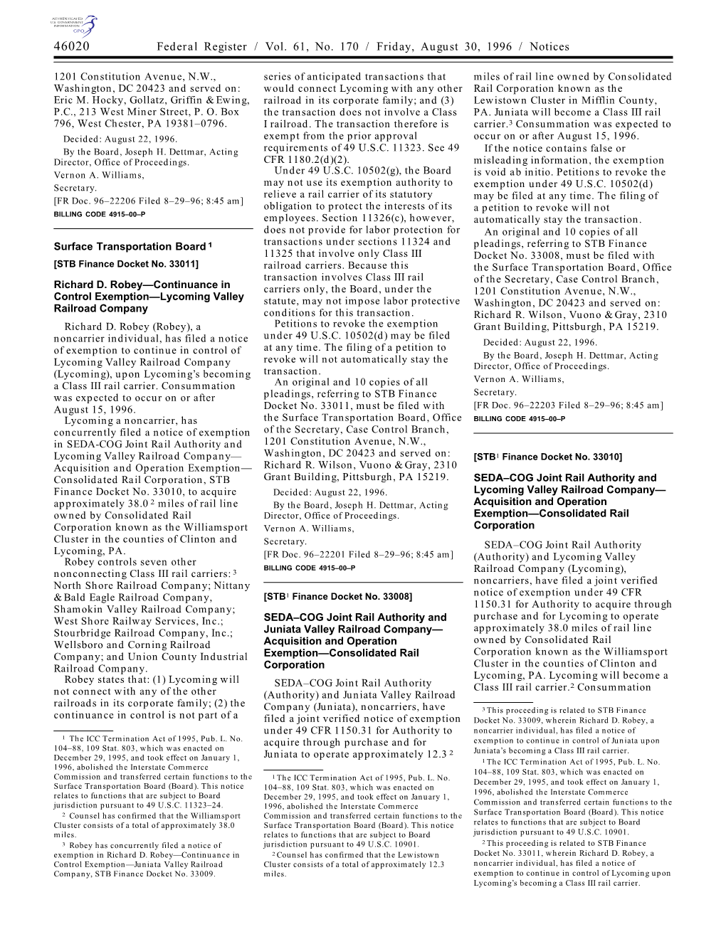 Federal Register / Vol. 61, No. 170 / Friday, August 30, 1996 / Notices