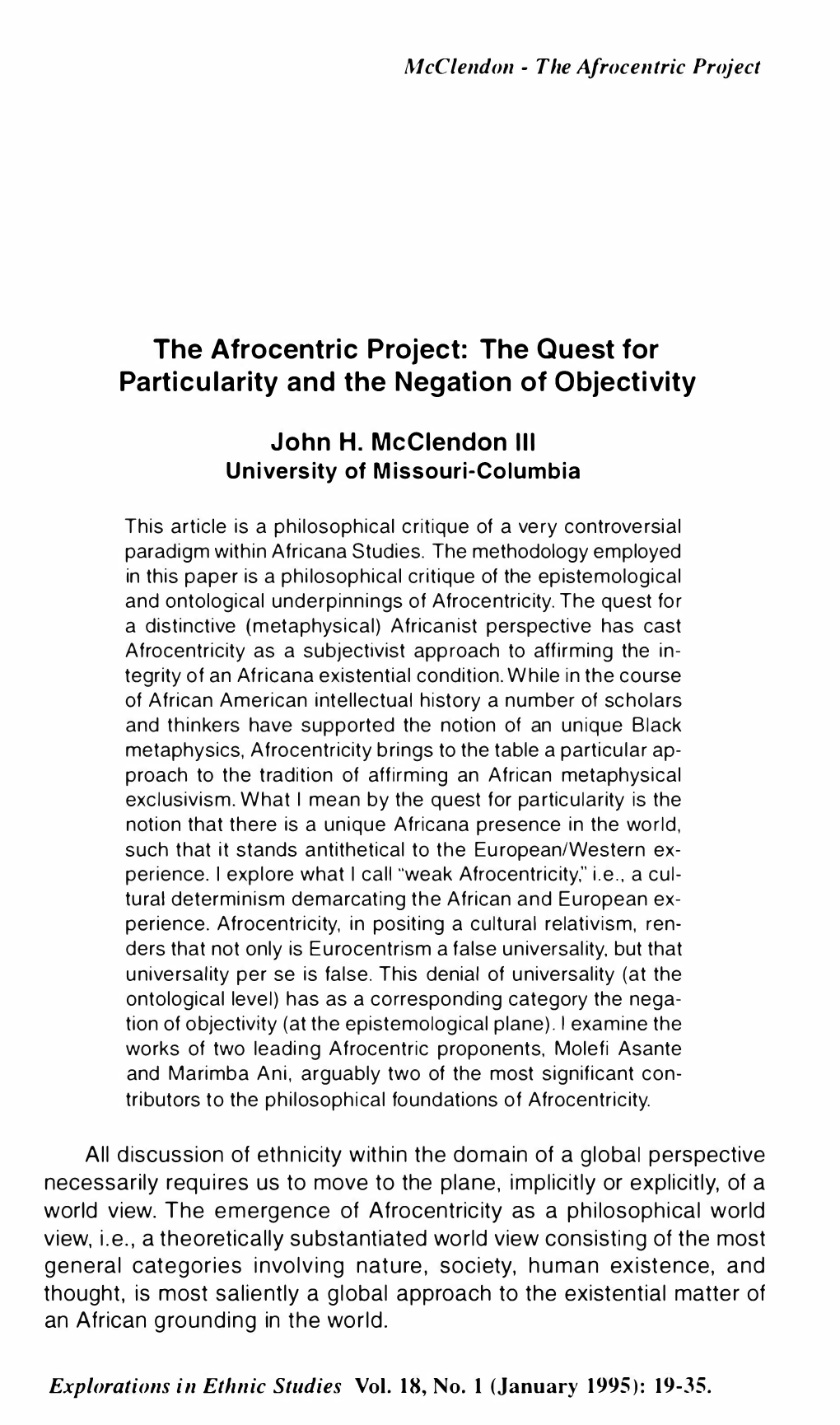 The Afrocentric Project: the Quest for Particularity and the Negation Of