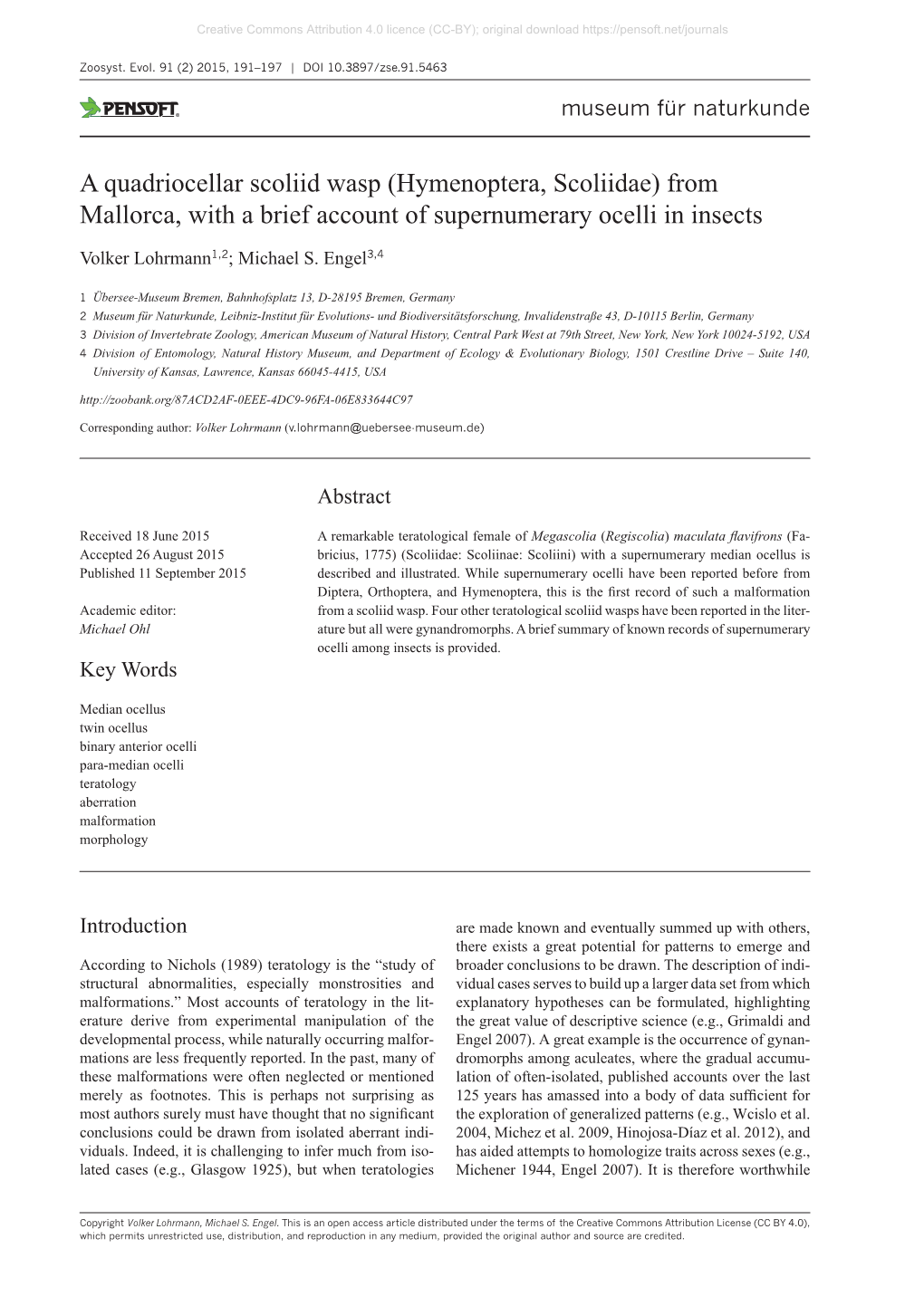 A Quadriocellar Scoliid Wasp (Hymenoptera, Scoliidae) from Mallorca, with a Brief Account of Supernumerary Ocelli in Insects