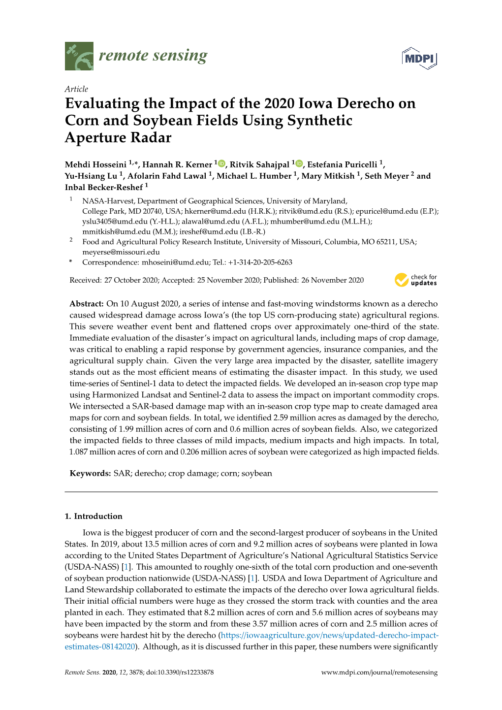 Evaluating the Impact of the 2020 Iowa Derecho on Corn and Soybean Fields Using Synthetic Aperture Radar