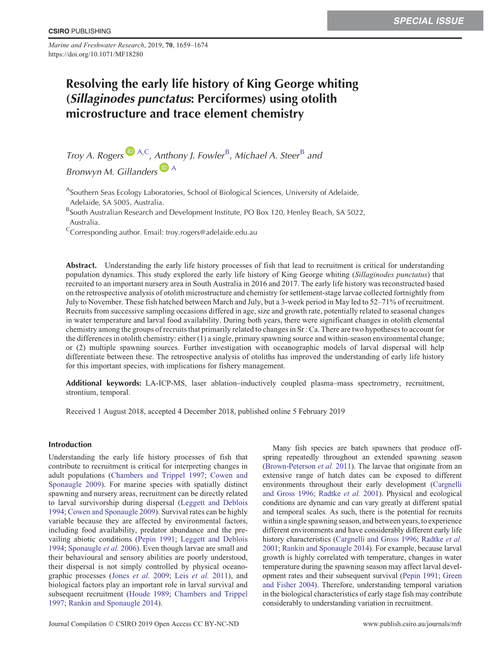 Resolving the Early Life History of King George Whiting (Sillaginodes Punctatus: Perciformes) Using Otolith Microstructure and Trace Element Chemistry