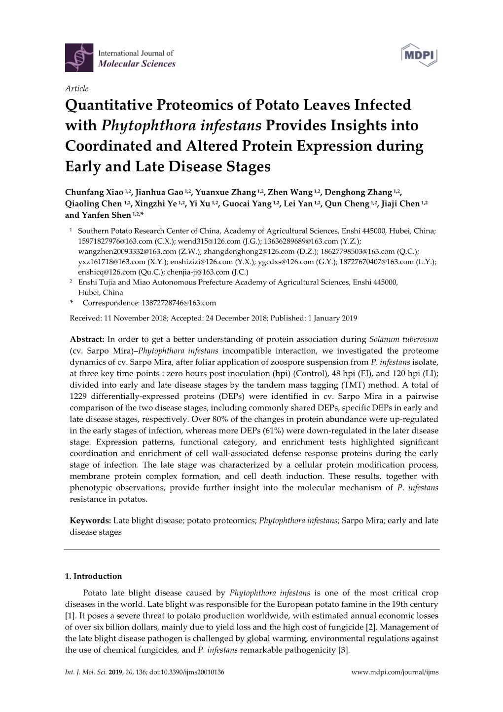 Quantitative Proteomics of Potato Leaves Infected with Phytophthora