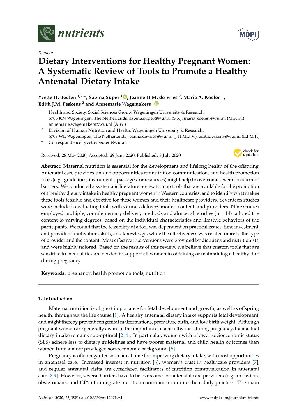 Dietary Interventions for Healthy Pregnant Women: a Systematic Review of Tools to Promote a Healthy Antenatal Dietary Intake