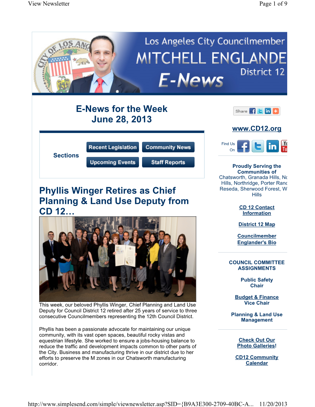 E-News for the Week June 28, 2013 Phyllis Winger Retires As Chief Planning & Land Use Deputy from CD