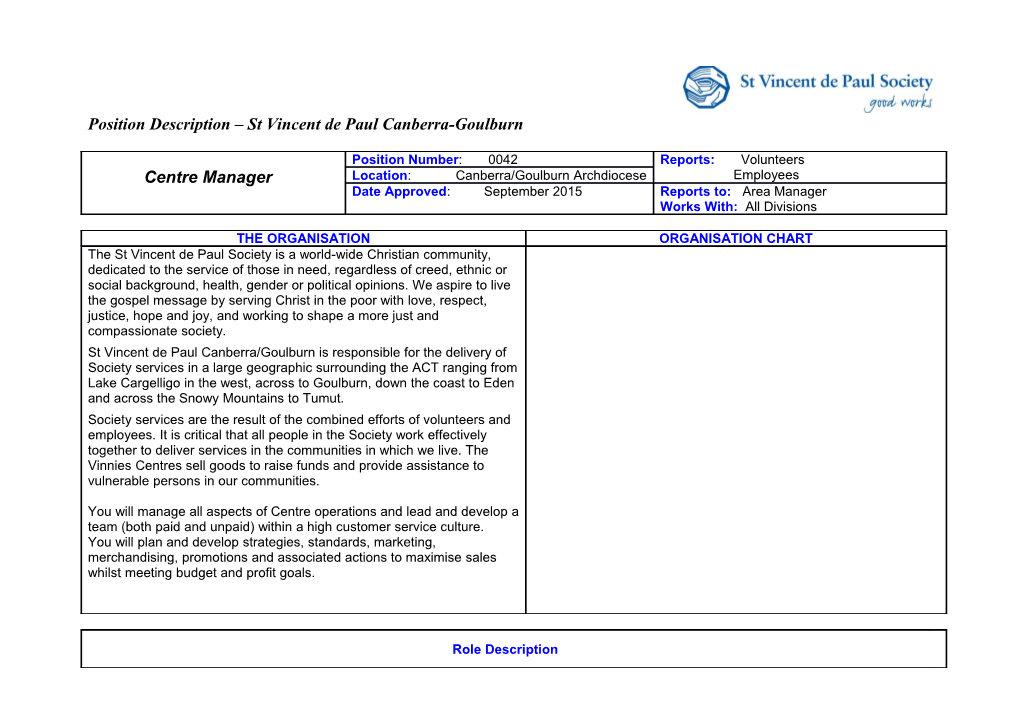 Position Description St Vincent De Paul Canberra-Goulburn