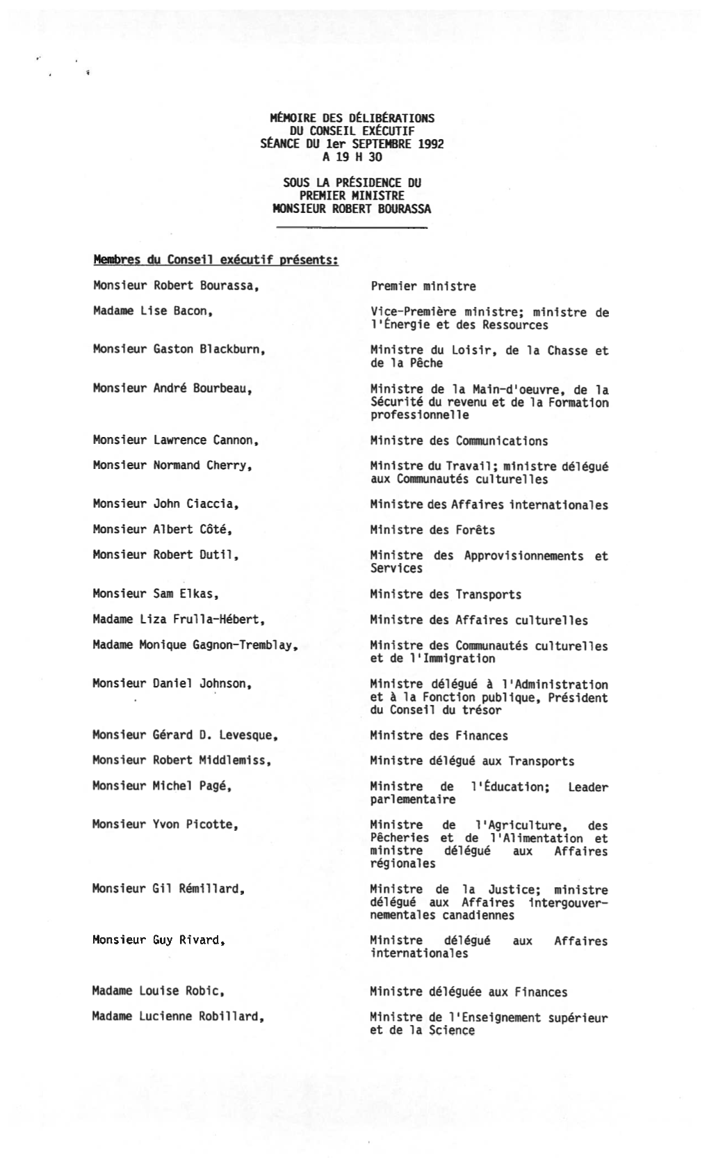 Mémoire Des Délibérations Du Conseil Exécutif, Séance Du 1Er Septembre