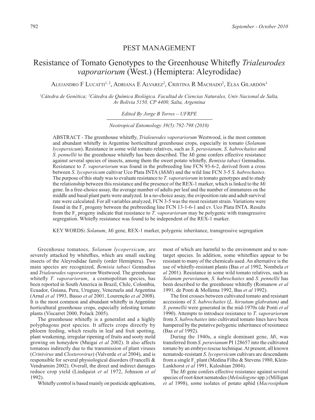 Resistance of Tomato Genotypes to the Greenhouse Whiteflytrialeurodes Vaporariorum (West.) (Hemiptera: Aleyrodidae)