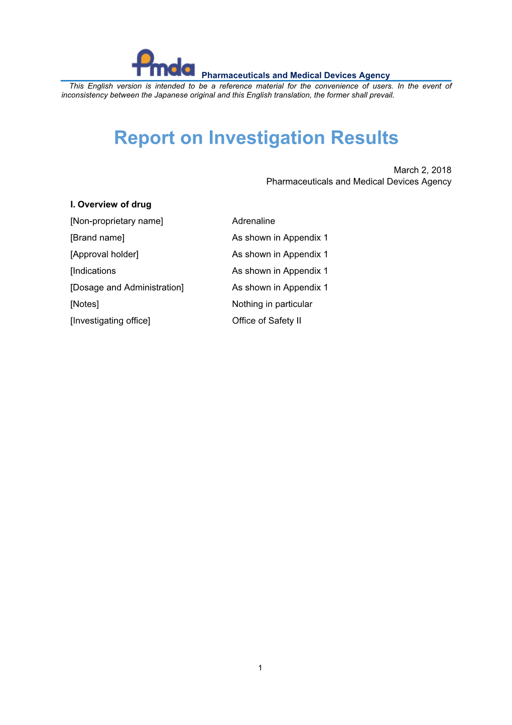 Report on Investigation Results