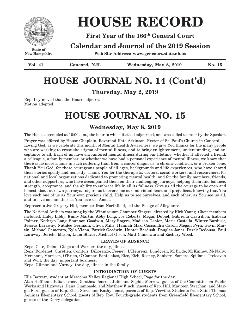 HOUSE JOURNAL NO. 14 (Cont’D) Thursday, May 2, 2019 Rep
