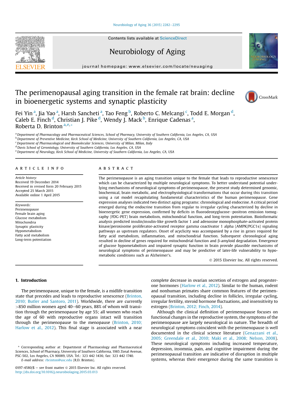 The Perimenopausal Aging Transition in the Female Rat Brain: Decline in Bioenergetic Systems and Synaptic Plasticity