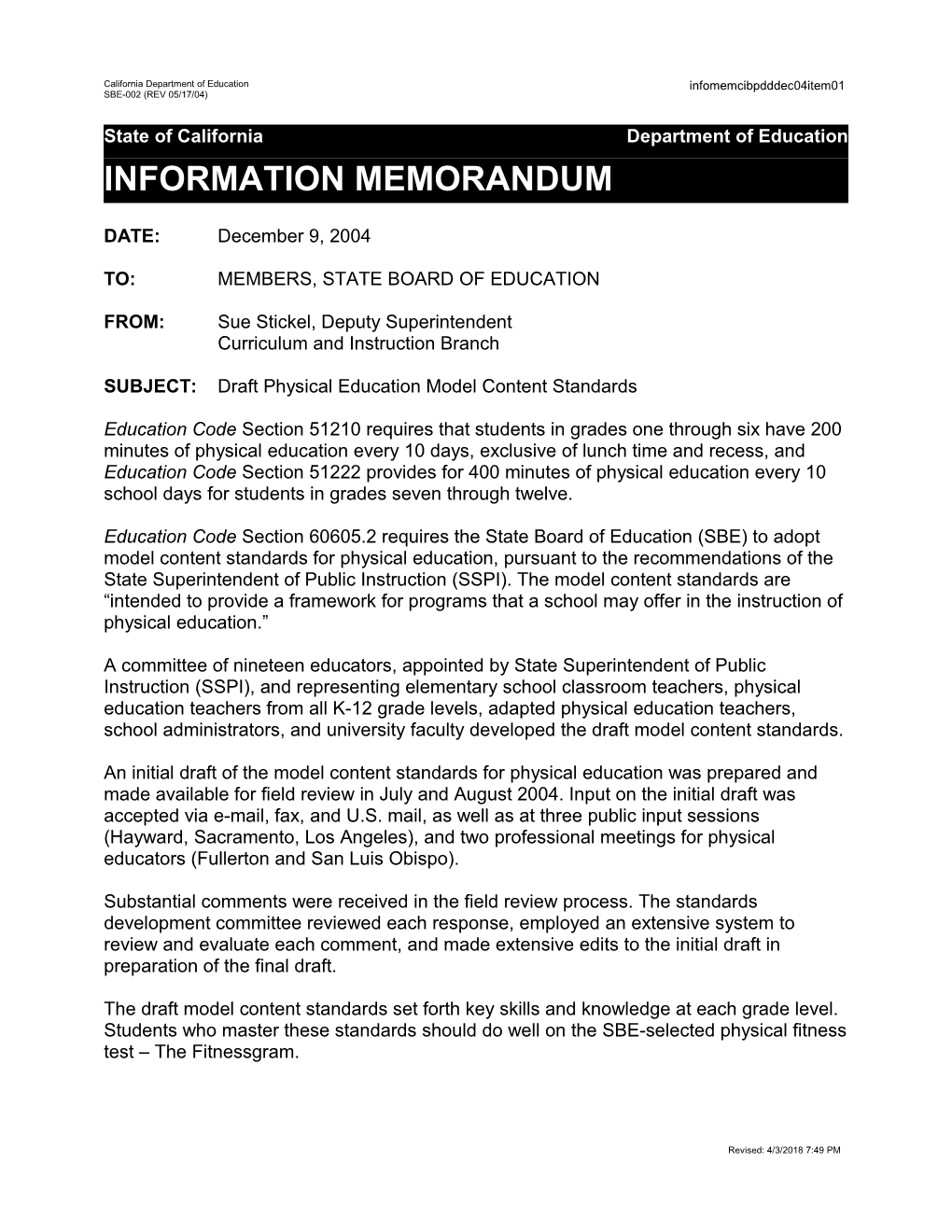 December 2004 PDD Item 1 - Information Memorandum (CA State Board of Education)