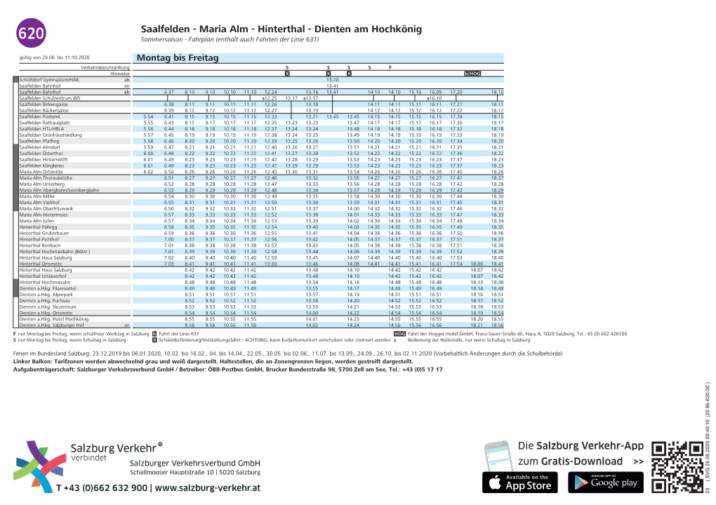 Saalfelden - Maria Alm - Hinterthal - Dienten Am Hochkönig 620 Sommersaison - Fahrplan (Enthält Auch Fahrten Der Linie 631)
