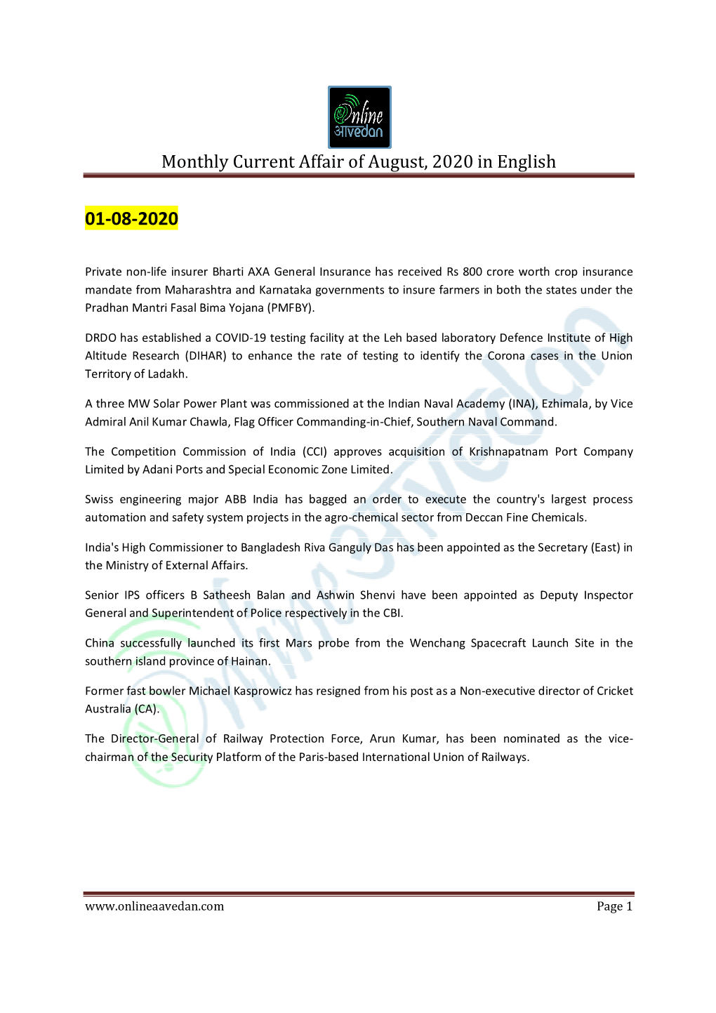 Monthly Current Affair of August, 2020 in English