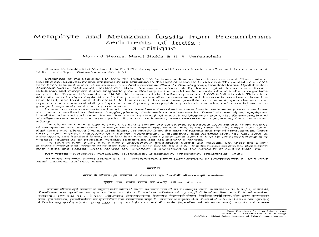 Metaphyte and Metazoan Fossils from Precambrian Sediments of India a Critique