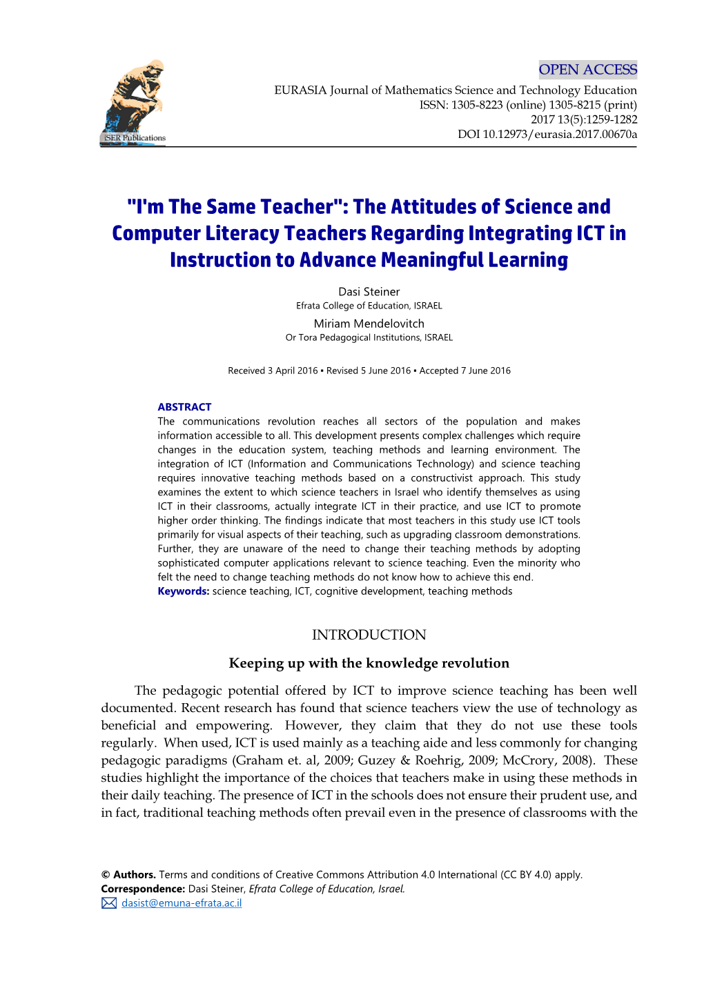 The Attitudes of Science and Computer Literacy Teachers Regarding Integrating ICT in Instruction to Advance Meaningful Learning