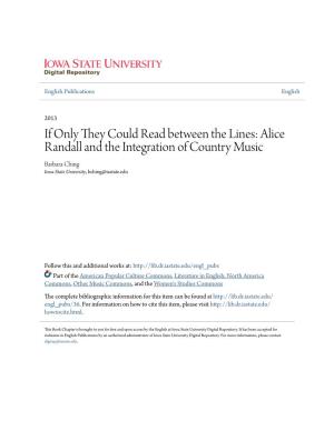 Alice Randall and the Integration of Country Music Barbara Ching Iowa State University, Bching@Iastate.Edu