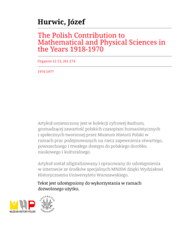 The Polish Contribution to Mathematical and Physical Sciences in the Years 1918—1970