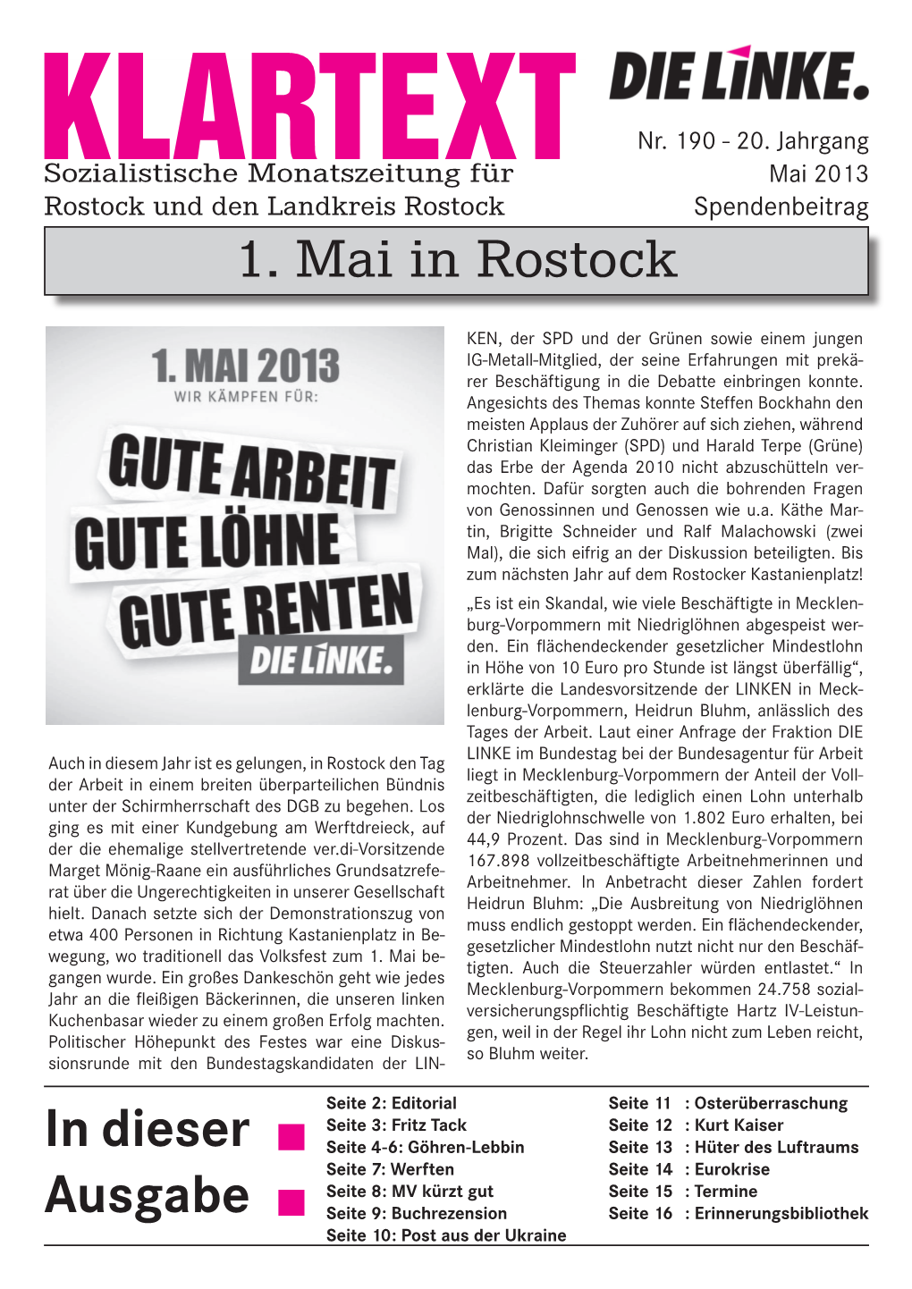 In Dieser Ausgabe 1. Mai in Rostock