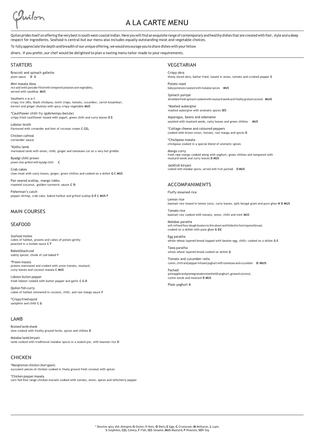 A La Carte Menu