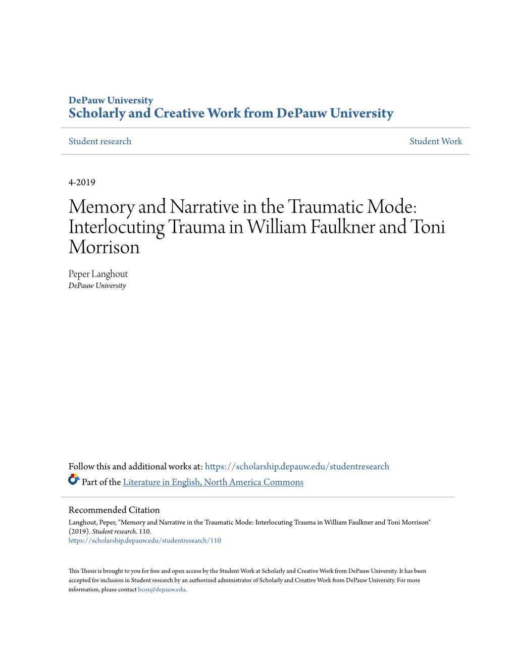 Interlocuting Trauma in William Faulkner and Toni Morrison Peper Langhout Depauw University