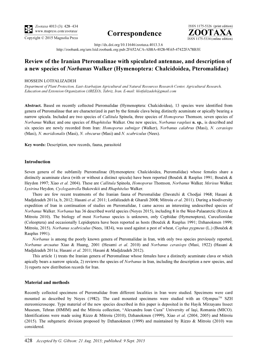 Review of the Iranian Pteromalinae with Spiculated Antennae, and Description of a New Species of Norbanus Walker (Hymenoptera: Chalcidoidea, Pteromalidae)