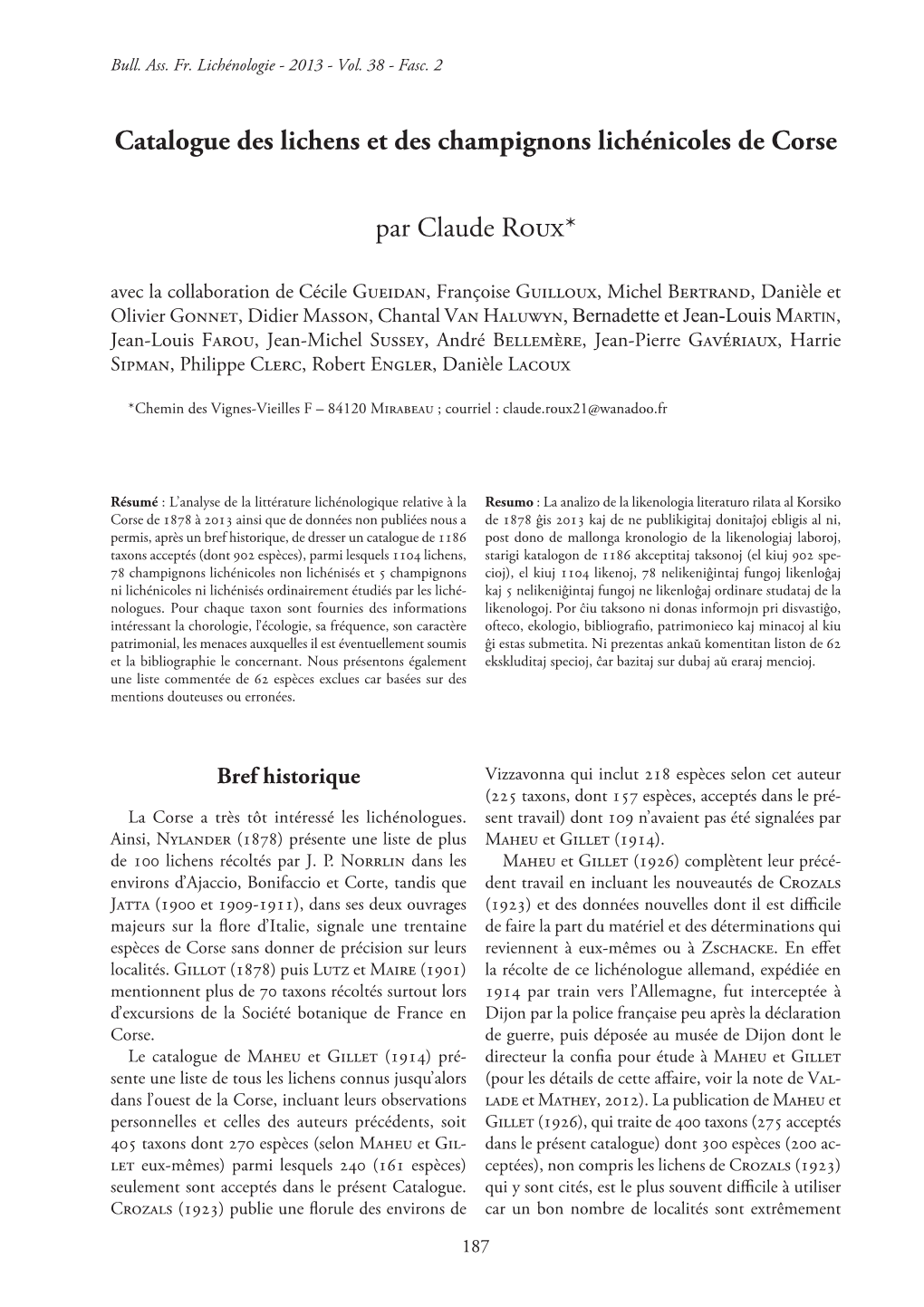 Catalogue Des Lichens Et Des Champignons Lichénicoles De Corse