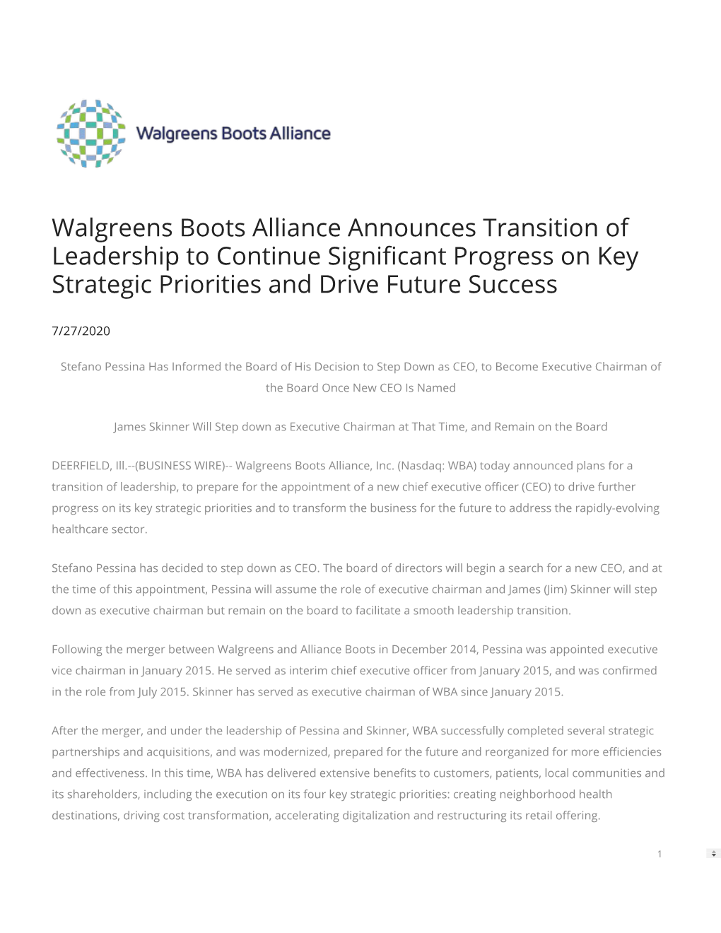 Walgreens Boots Alliance Announces Transition of Leadership to Continue Signi�Cant Progress on Key Strategic Priorities and Drive Future Success