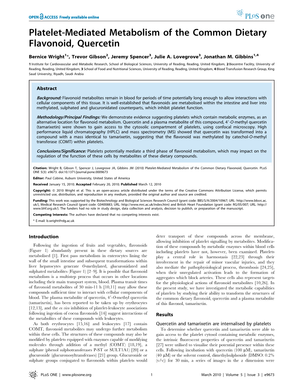 Platelet-Mediated Metabolism of the Common Dietary Flavonoid, Quercetin