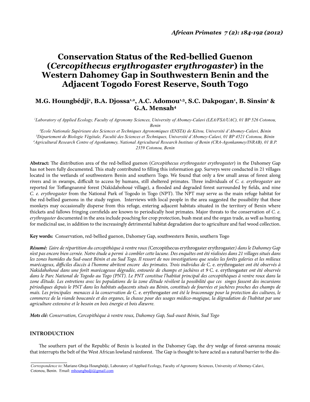 Conservation Status of the Red-Bellied Guenon