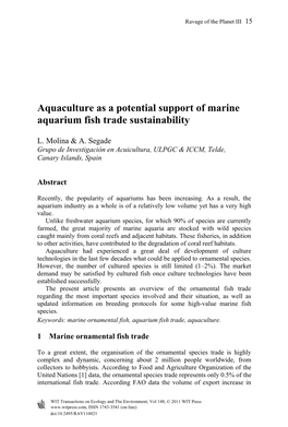 Aquaculture As a Potential Support of Marine Aquarium Fish Trade Sustainability