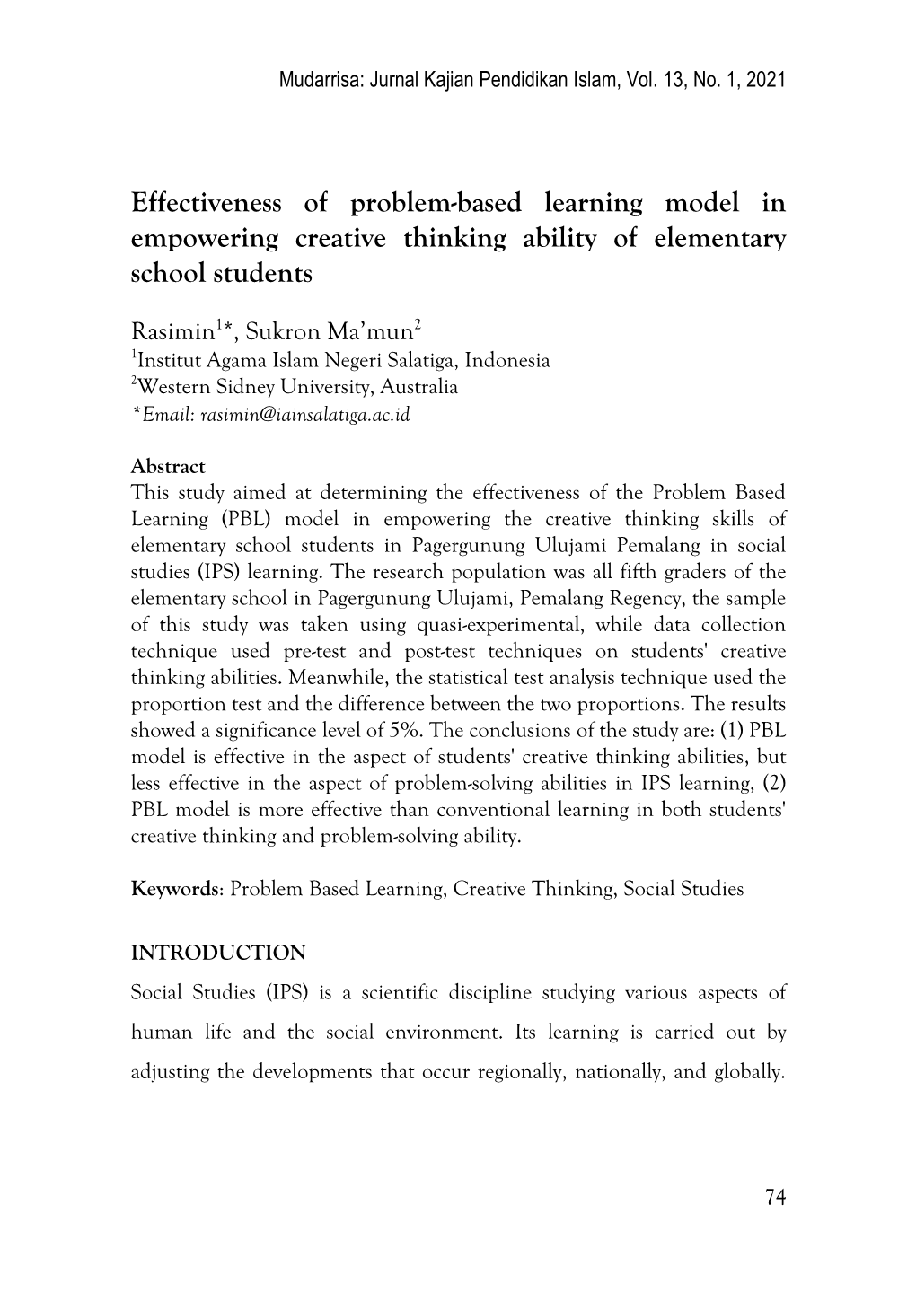 Effectiveness of Problem-Based Learning Model in Empowering Creative Thinking Ability of Elementary School Students