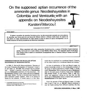 On the Supposed Aptian Occurrence of the Ammonite Genus Neodeshayesites in Colombia and Venezuela; with an Appendix on Neodeshayesites JL Karsteni (Marcou)