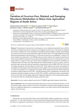 Variation of Fusarium Free, Masked, and Emerging Mycotoxin Metabolites in Maize from Agriculture Regions of South Africa