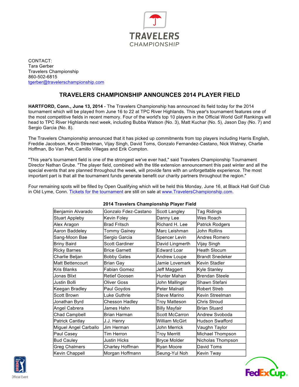 Travelers Championship Announces 2014 Player Field