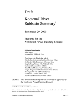 Kootenai River Subbasin Summary DRAFT Draft Kootenai River Subbasin Summary