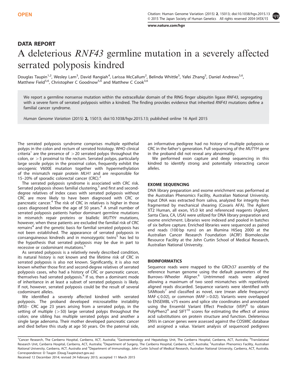 A Deleterious RNF43 Germline Mutation in a Severely Affected Serrated Polyposis Kindred