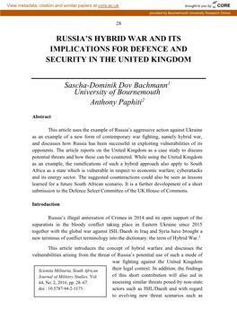 RUSSIA's HYBRID WAR and ITS IMPLICATIONS for DEFENCE and SECURITY in the UNITED KINGDOM Sascha-Dominik Dov Bachmann1 Universit
